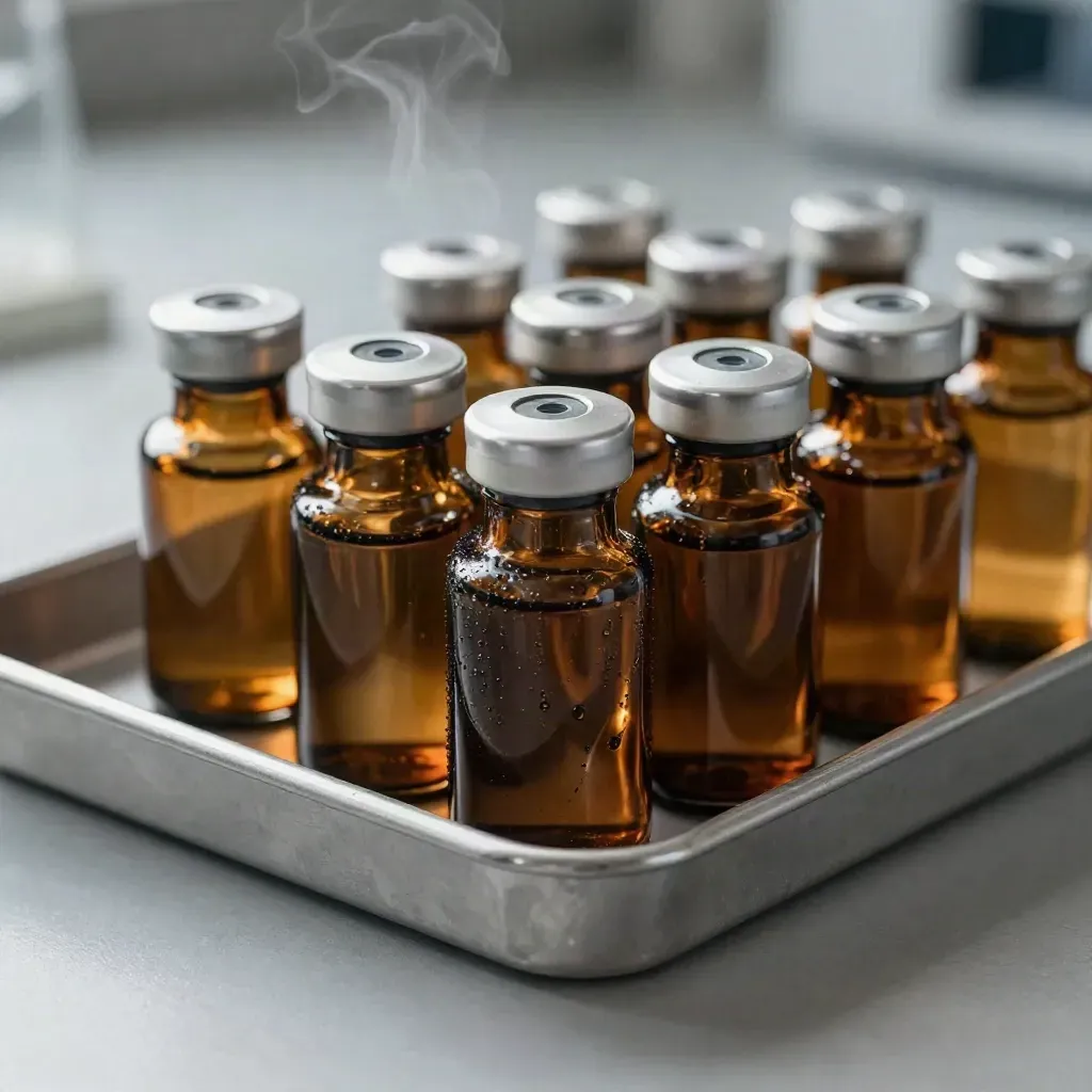 Amber lab vials and sample caps on a frosted tray, lit by a sharp raking beam.