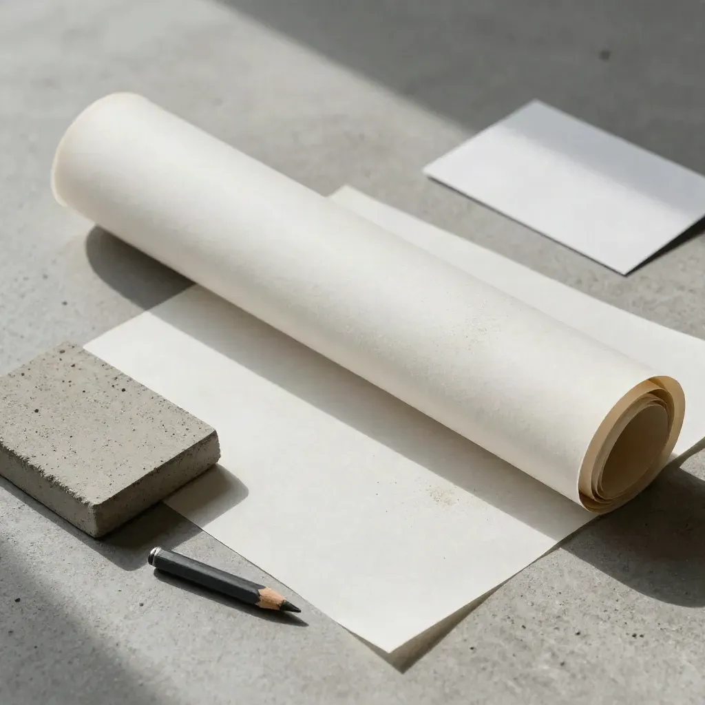 Rolled vellum plans, pencil stub, and concrete sample on a dramatic greige flat lay.