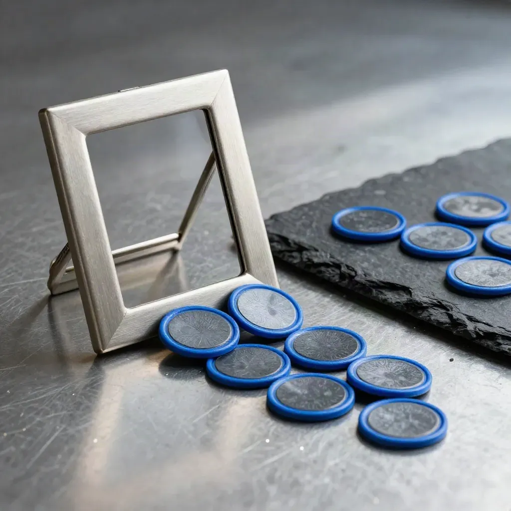 Metal card frame with blue-accent token chips on a stone tray across brushed steel.