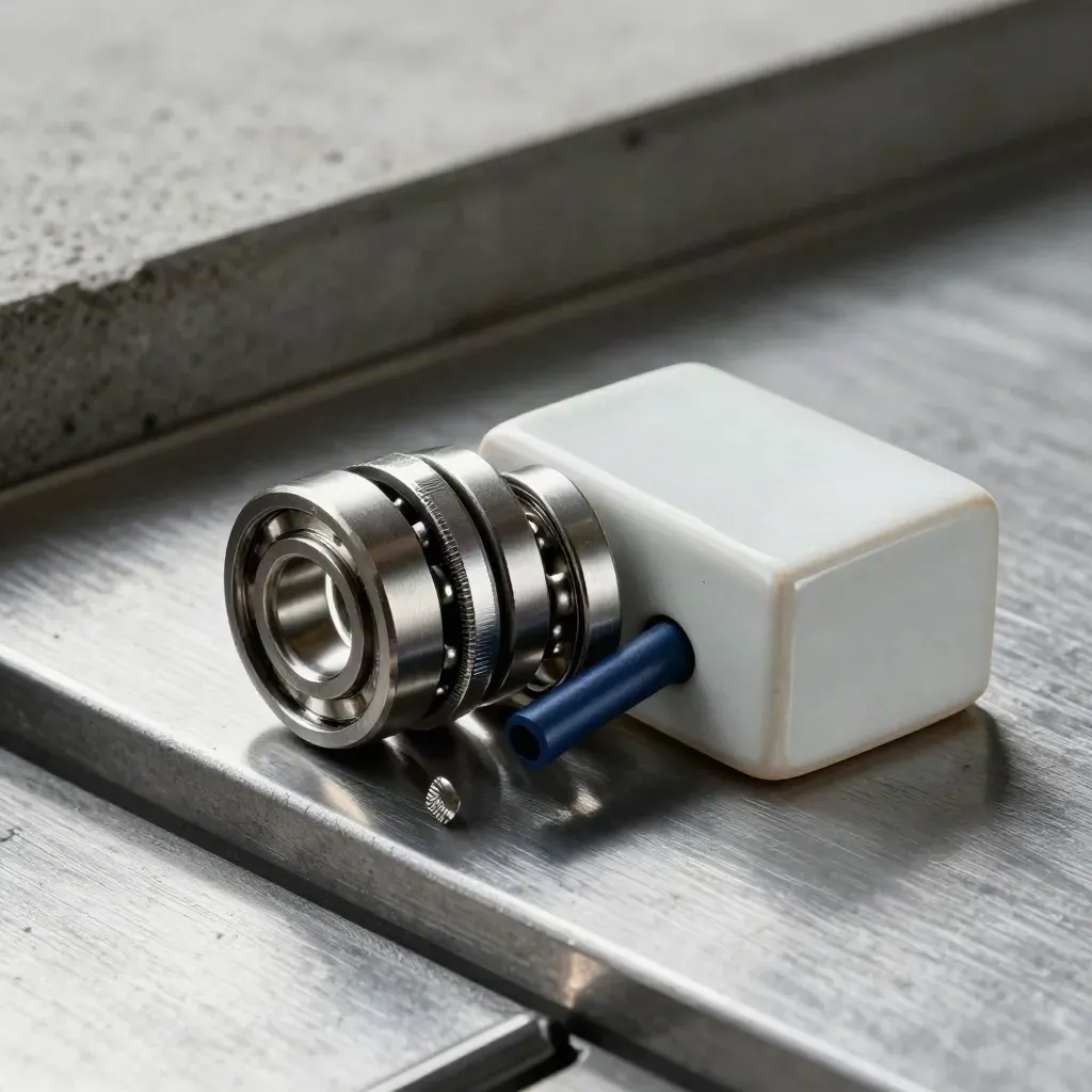Close-up of steel bearings, a knurled connector ring and pale ceramic block on brushed metal.