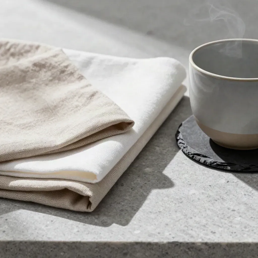 Linen swatches, ceramic cup and slate coasters on limestone with soft steam and raking light