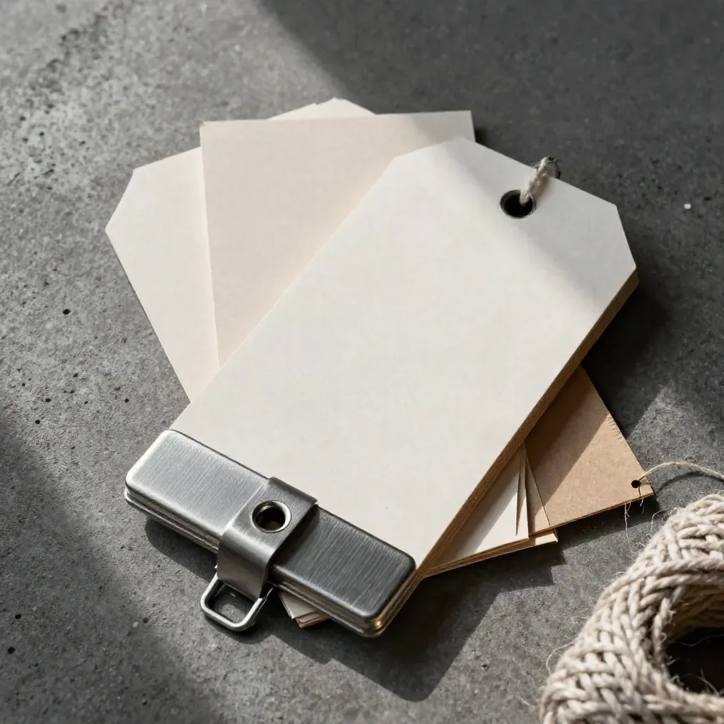 An anodized shipping seal, blank parcel tags, and a metal clip on dark concrete.