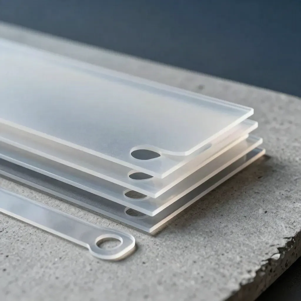 Macro of acetate layout templates and a graphite alignment block on a grey stone surface.