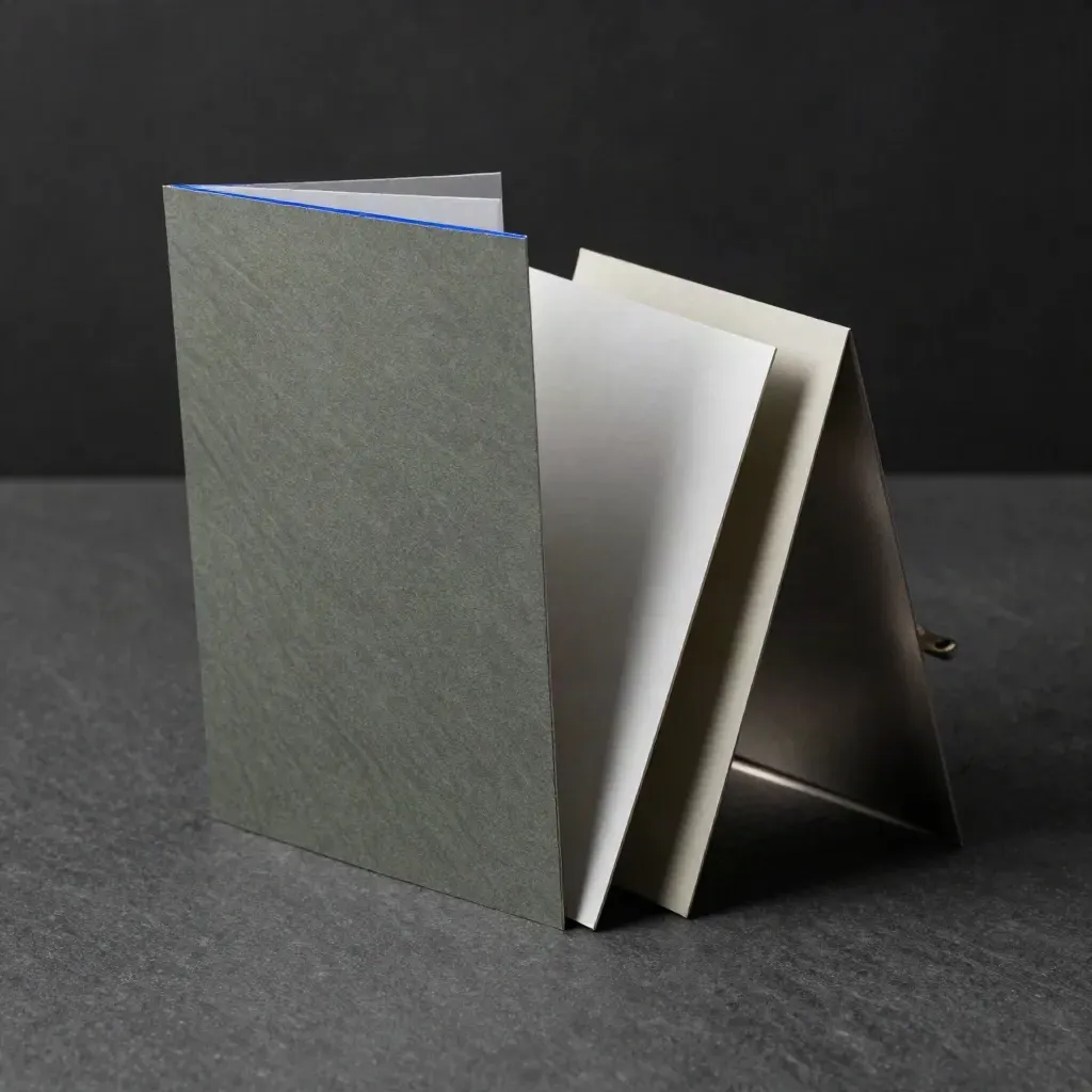 Folded landing-page cards and a steel spacer on dark stone in dramatic studio light.
