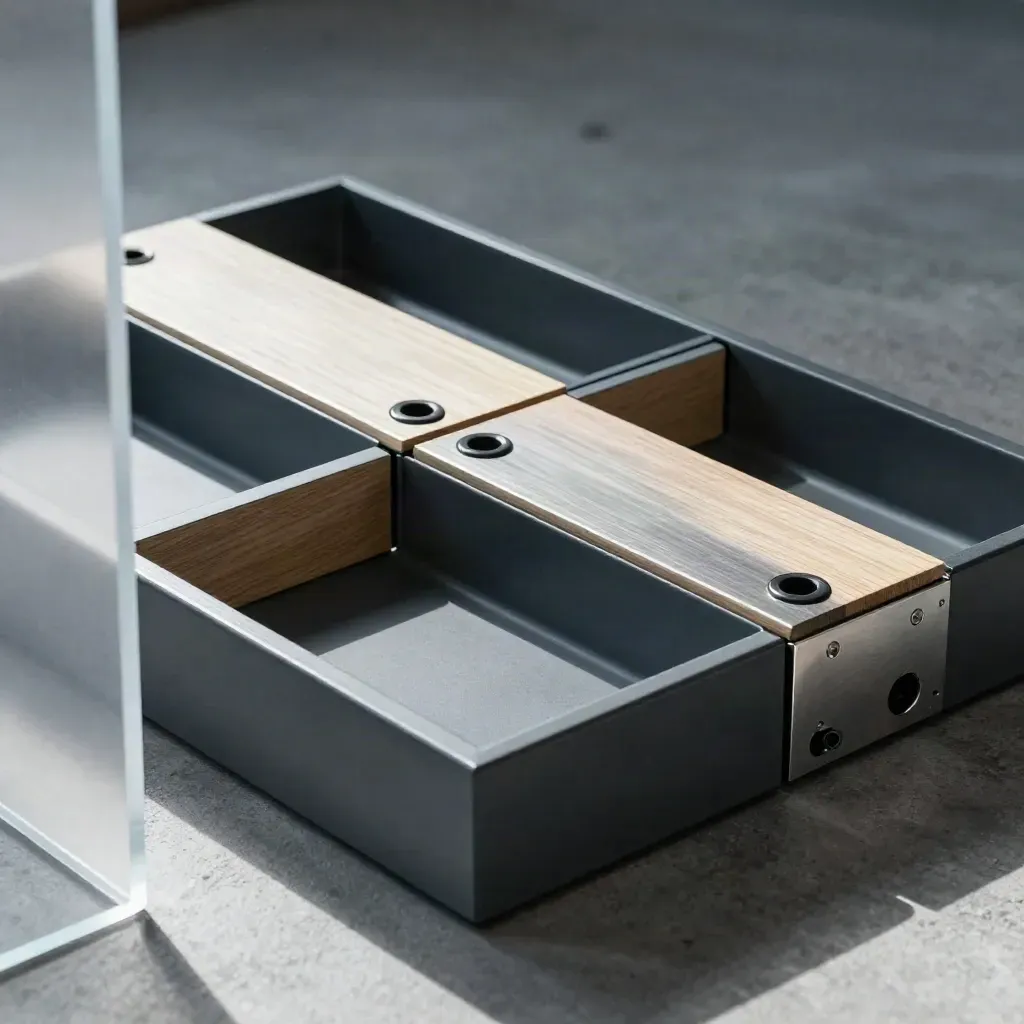 Modular desk trays and cable grommets arranged in a studio workflow grid.