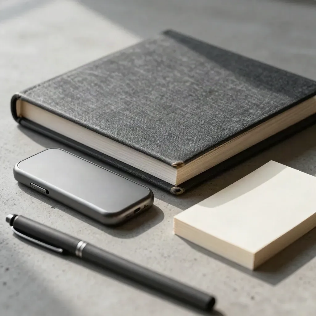 Macro still life of a pitch binder, prototype shell and blank cards on concrete.