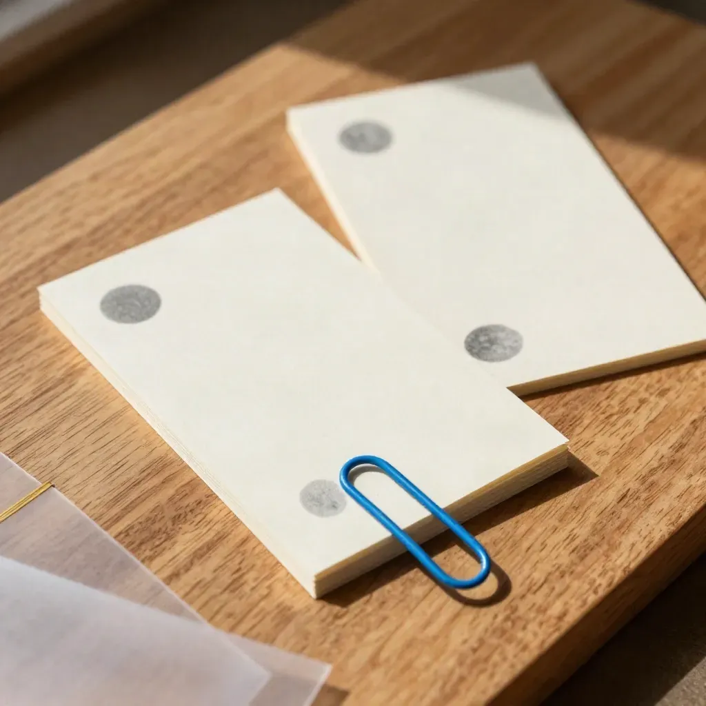 Macro of two proof cards, blue clip, and adhesive dots on honey-oak board.