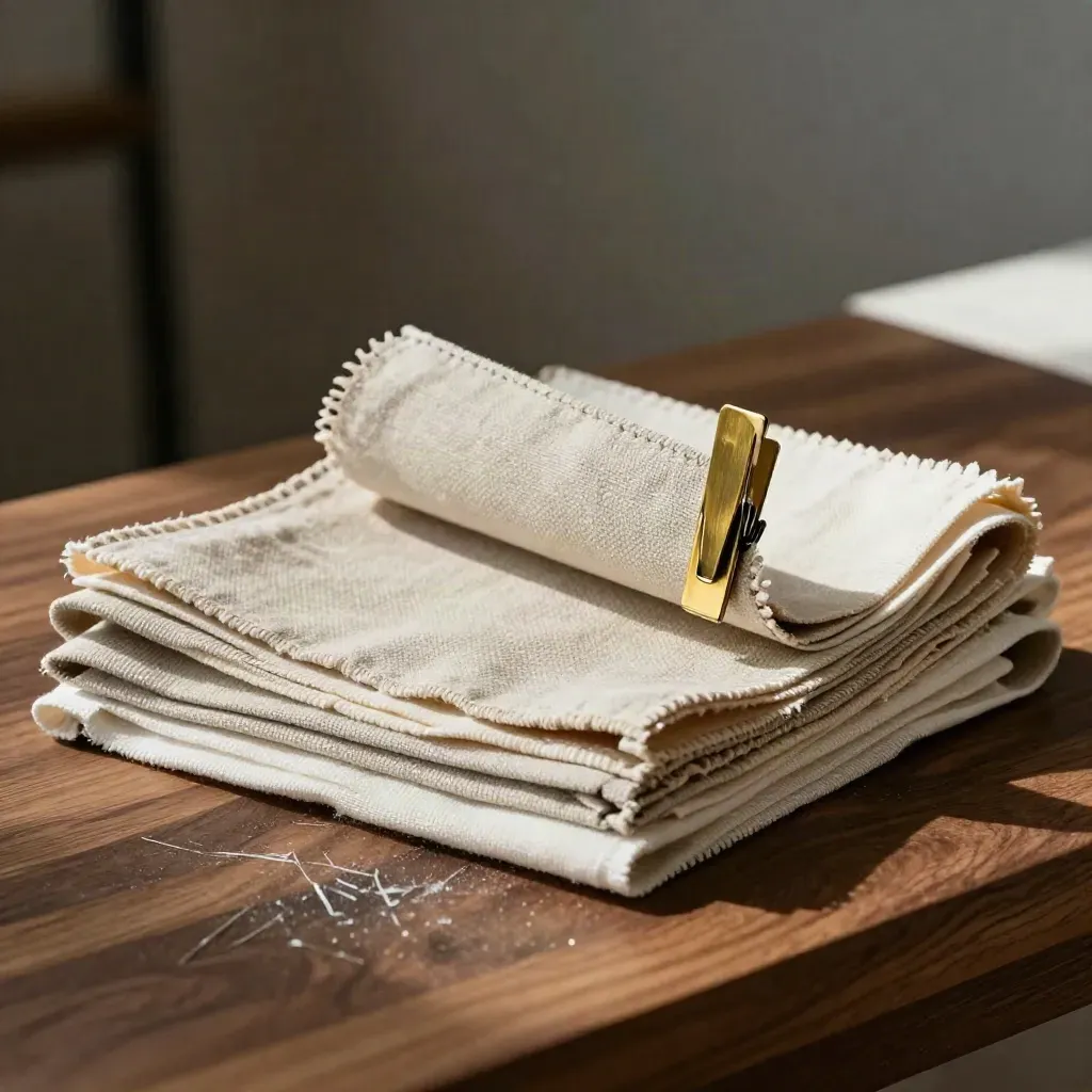 Folded linen swatches clipped to a fabric sample card on a warm studio plinth.