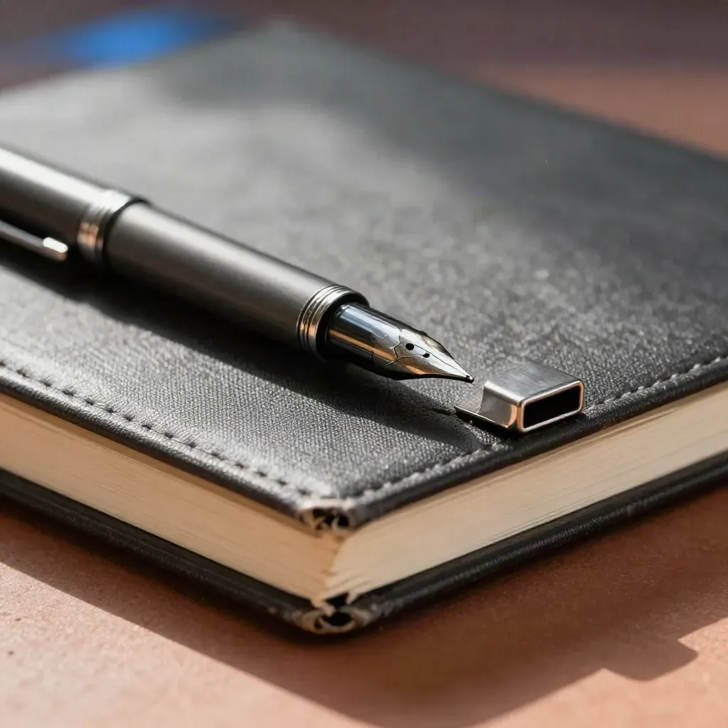 Macro still life of notebooks, a fountain pen body and metal card case on clay surface.