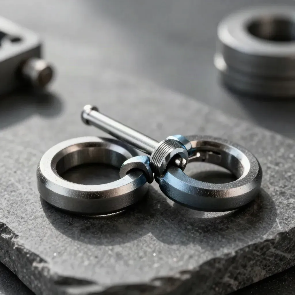 Linked machined rings, connector bar, and locking pin on dark stone with metal dust