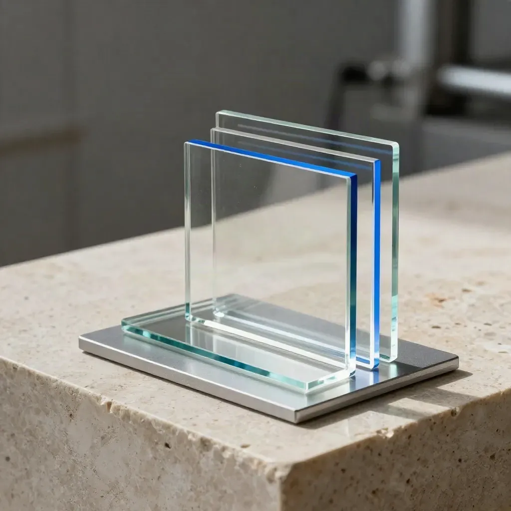 Translucent acrylic tiles and aluminum spacer stacked in dramatic side light
