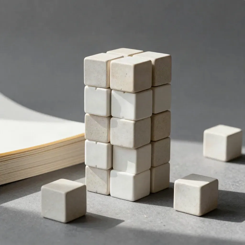 Ceramic modular cubes interlocked with pale paper stack on graphite, lit by soft daylight.
