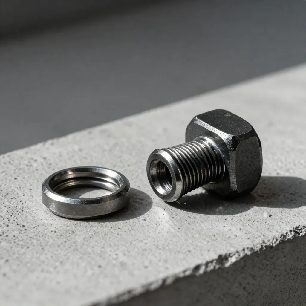 Blackened steel fasteners and linked rings beside a hex bracket on cool concrete under raking light.